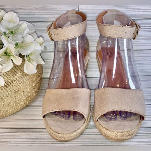 H&M Beige Espadrille Wedge Open Toe Faux Suede Sandals S:7.5 - Picture 4 of 9